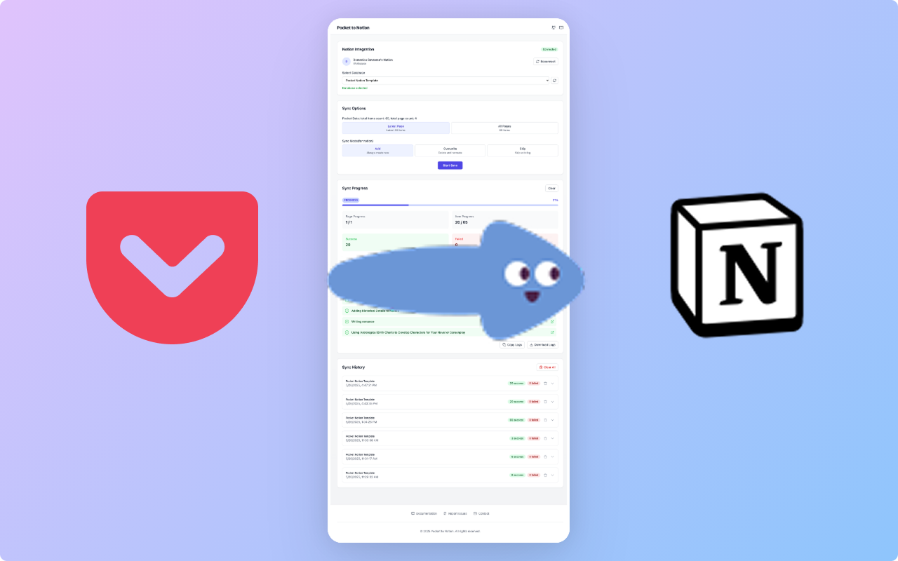 Screenshot of Pocket to Notion Extension Interface