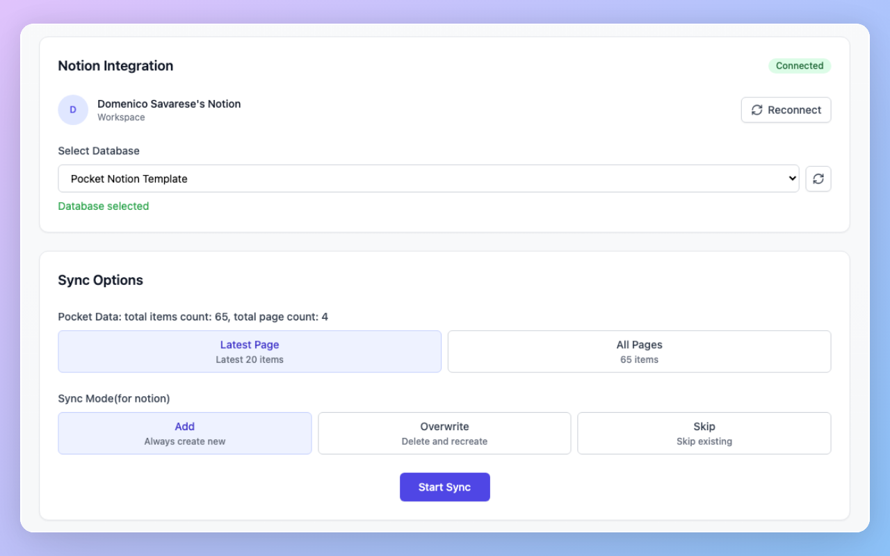 Screenshot of Pocket Articles in Notion Database